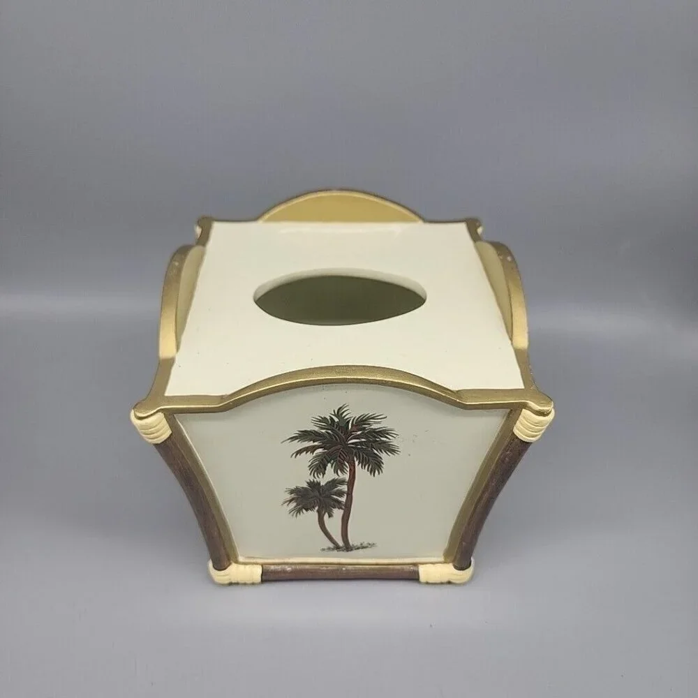 Wamsutta Palm Tree Tissue Box Cover Holder Ivory Gold Green Tropical